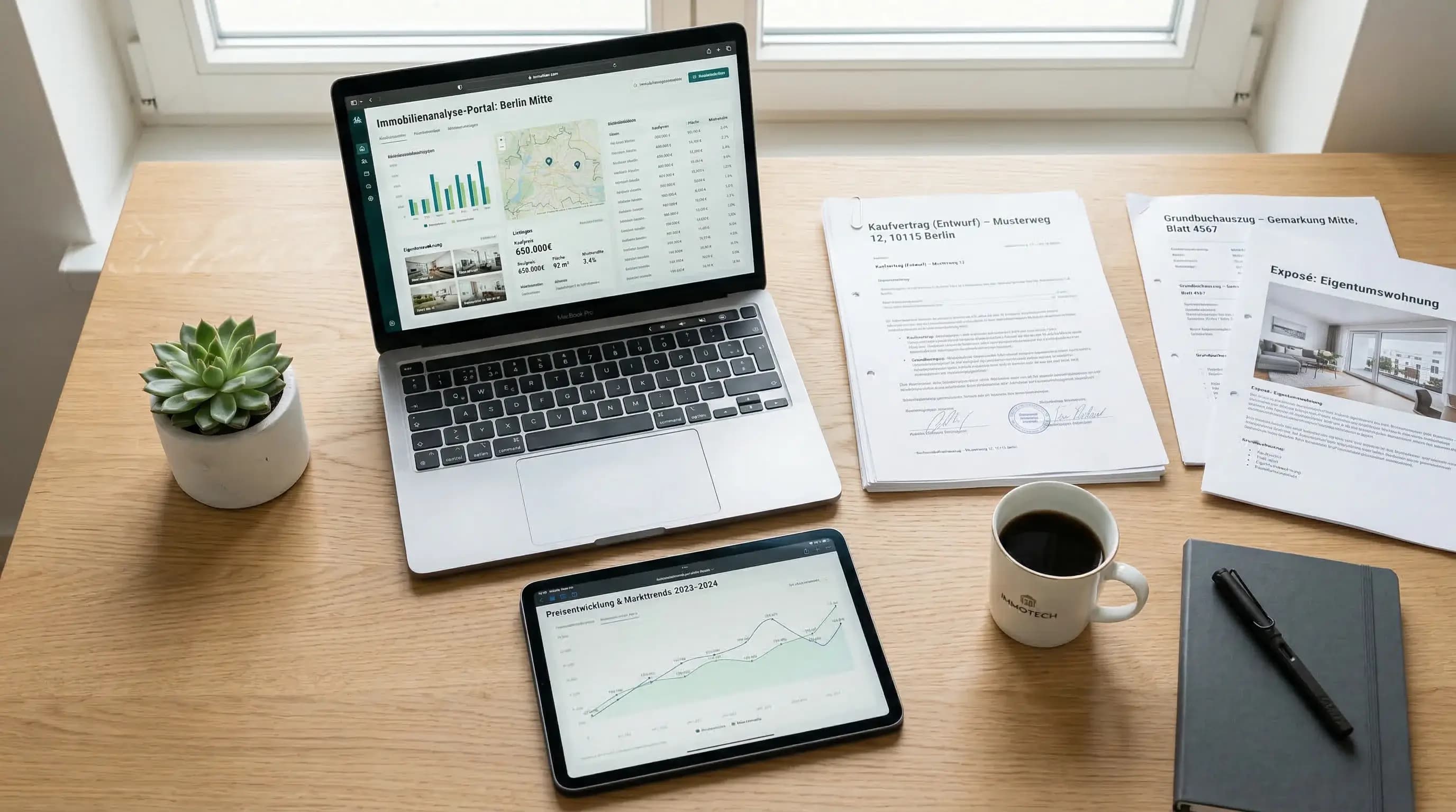 Professioneller Arbeitsplatz mit Immobilienanalyse auf Laptop und Dokumenten